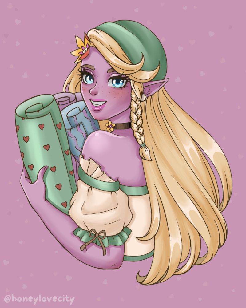 The character Tish fro Palia. She has pinkish purple skin, blond hair with a cream puff sleeved dress, she's wearing a green head scarf and a flower in her hair. She has blue eyes and is holding a bunch of wallpaper samples