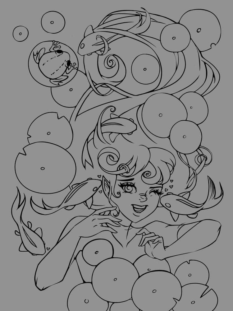 A black and gray mermaid drawing of a mermaid in the water covered in pond lily pads and surrounded by fishes