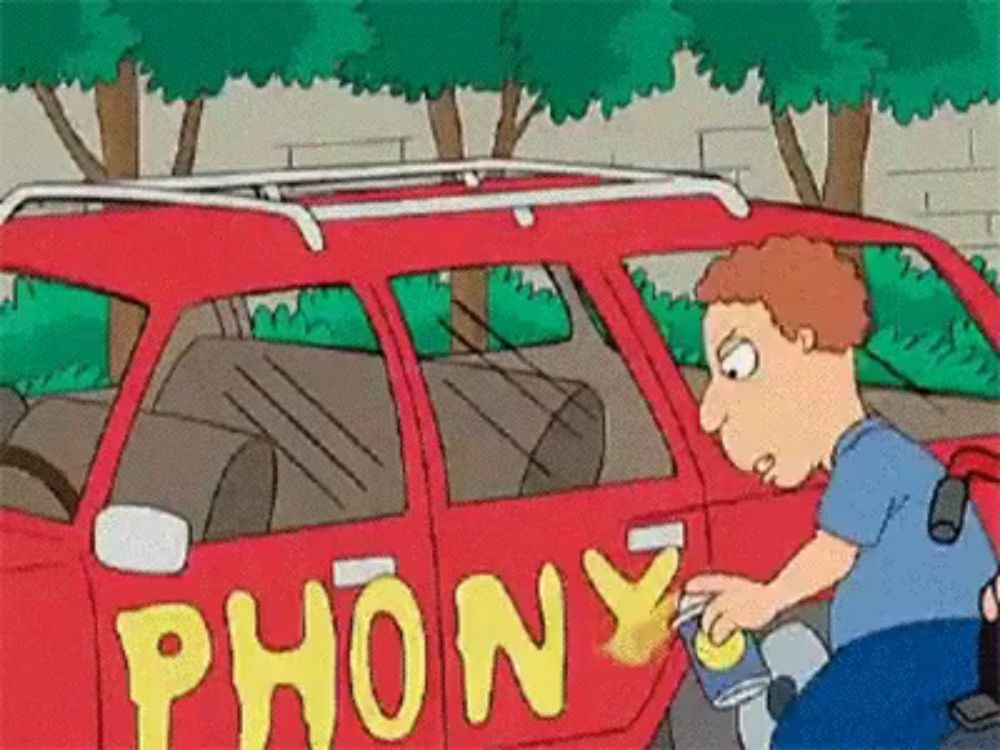 a cartoon of a man cleaning a red car that says phony on it