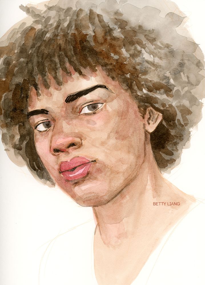 Watercolour portrait of a woman with brown curly hair.