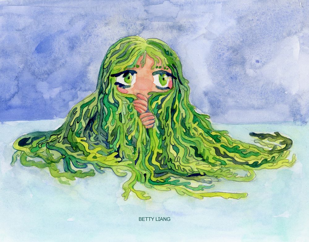 Watercolour drawing of a mermaid (she's mostly obscured) with hair that is made out of seaweed. She's is holding the seaweed around her face with her hands so that you can only really see her eyes. She's a bit shy.