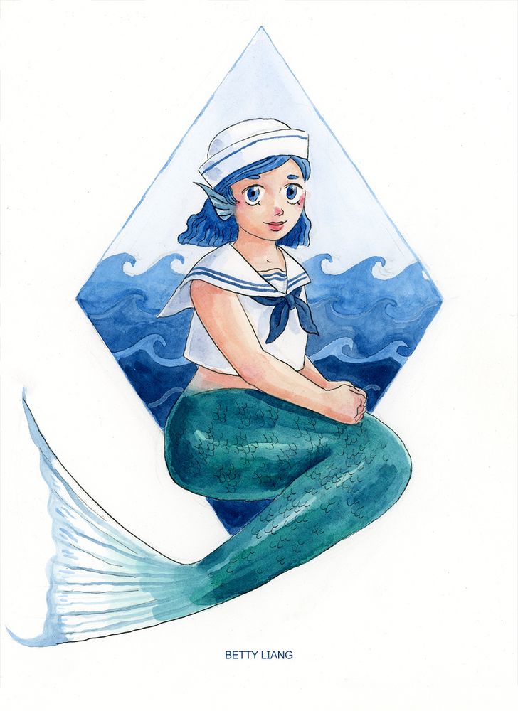 Cute mermaid with short, wavy blue hair and fin ears sitting in front of a diamond shaped window with waves through it. She is wearing a sailor hat and a sailor top.