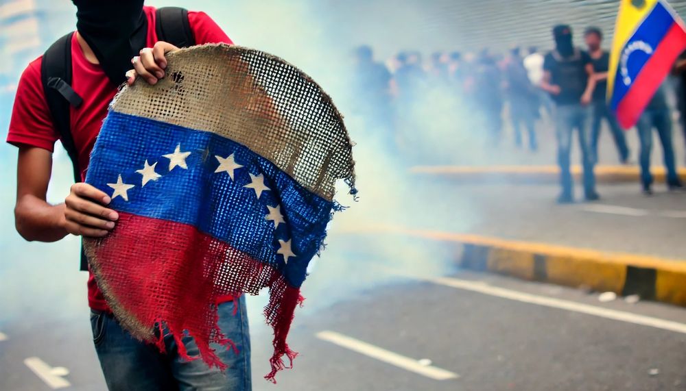 Venezuelan flag in a protest. IA generated.