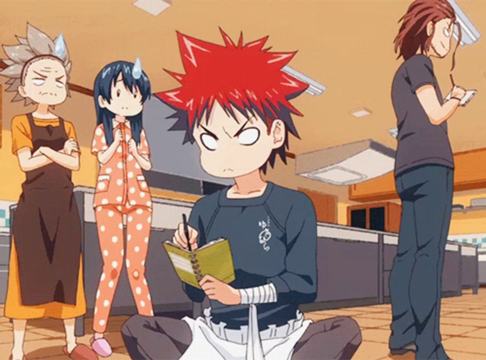 a group of anime characters including a boy with red hair holding a notebook