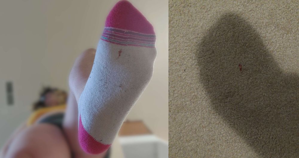 A woman looms above the camera in one panel with her foot hovering, and in the second the shadow of her foot is cast on a tiny little man.