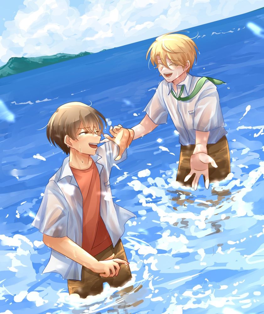 Yuzuki and Haruto (characters from Sylvan's visual novel, Sweetest Valentine) splashing each other with water in the sea