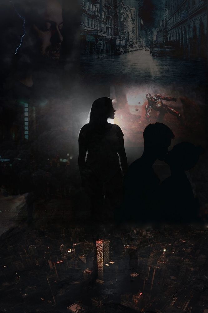 Female figure standing at the center of the image with dark scenes around her—an angry face, a city, someone falling, a stormy street, and two people kissing. 
