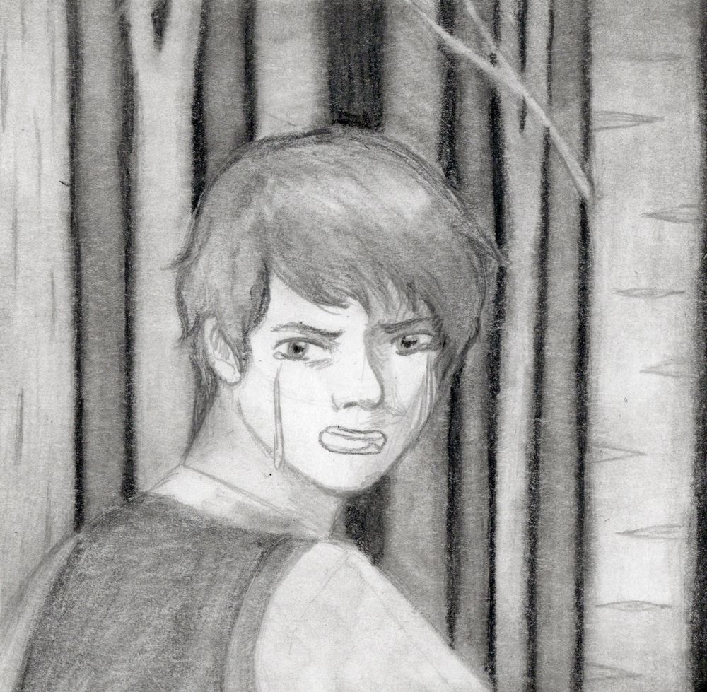 A black and white pencil drawing of a boy looking over his shoulder and crying, a forest behind him. 