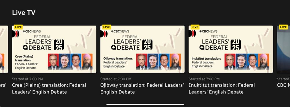 Screen grab from CBC Gem shows the federal leaders debate with Cree translation, Ojibway, and Inuktitut.