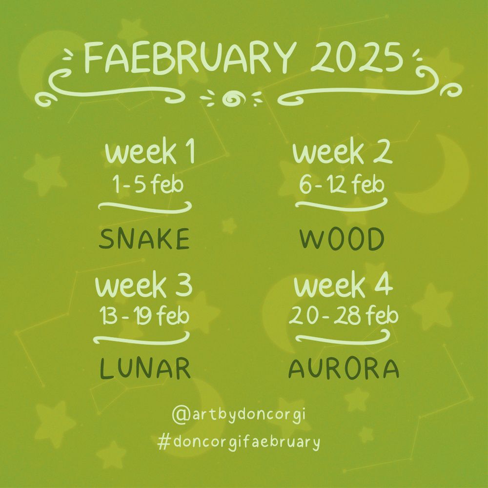 A green-themed calendar for February 2025, outlining weekly themes: "Snake" for week 1, "Wood" for week 2, "Lunar" for week 3, and "Aurora" for week 4.