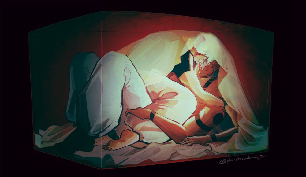 art of sukuna and gojo in a box and enclosed space, entangled between each other under a cloth
