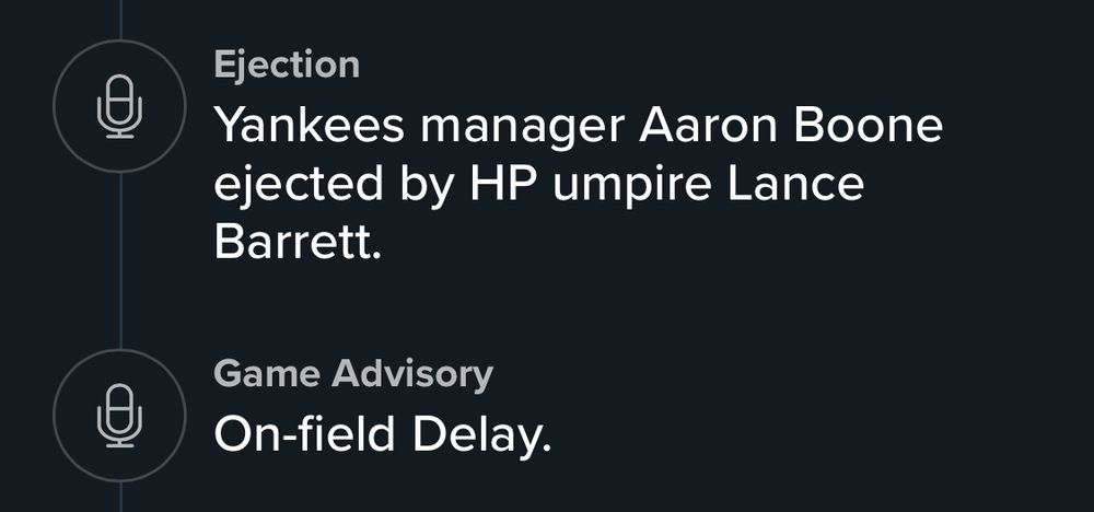 Snapshot of MLB Gameday showing Yankees manager Aaron Boone has been ejected. It is the second inning.