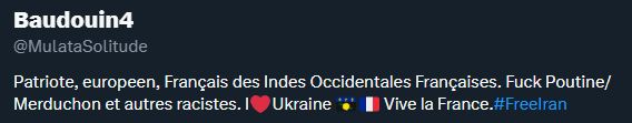 Bio twitter de Baudouin4:

Patriote, europeen, Français des Indes Occidentales Françaises. Fuck Poutine/ Merduchon et autres racistes. I❤️Ukraine 🇬🇵🇫🇷 Vive la France.#FreeIran
