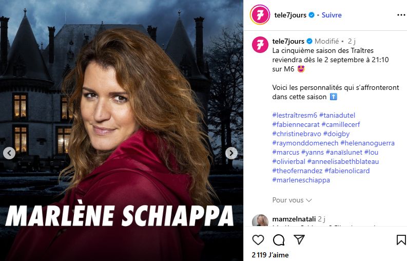 Screen de la page insta de télé 7 jours qui fait la pub de la 5ème saison des traitres et dans le casting il y a (aussi en photo sur le screen) Marlène Schiappa.