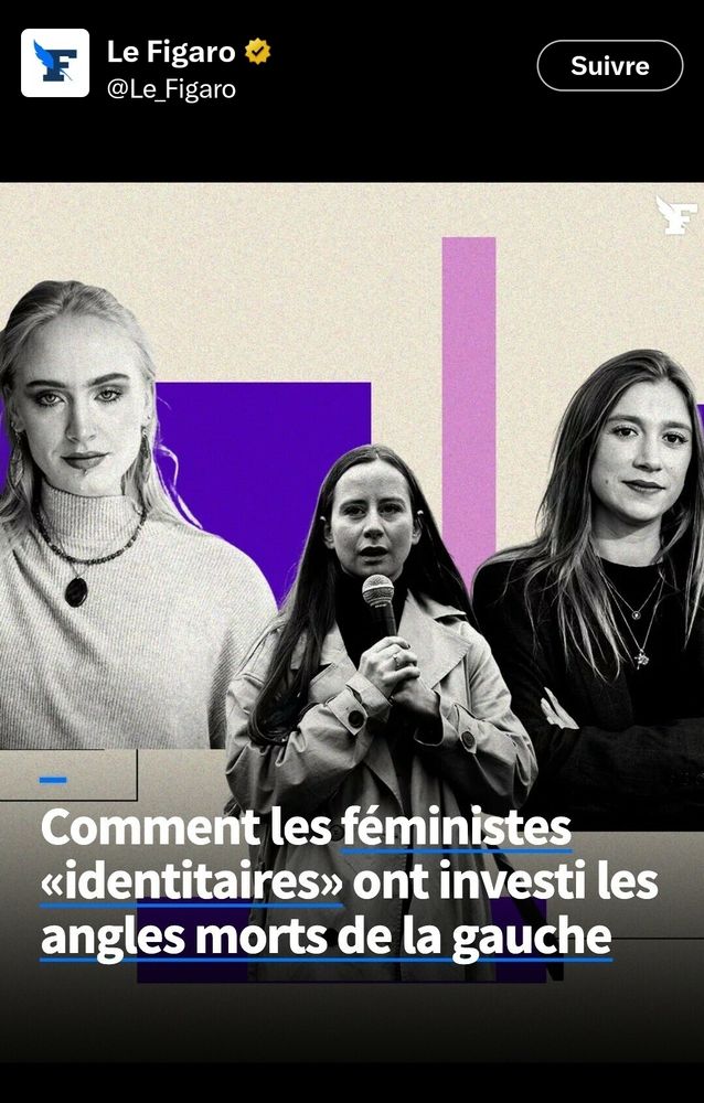 Visuel du figaro pour un article intitulé "Comment les féministes "identitaires" ont investi les angles morts de la gauche"

On voit en noir et blanc Mila Amice Cordier et une autre que je ne connais pas