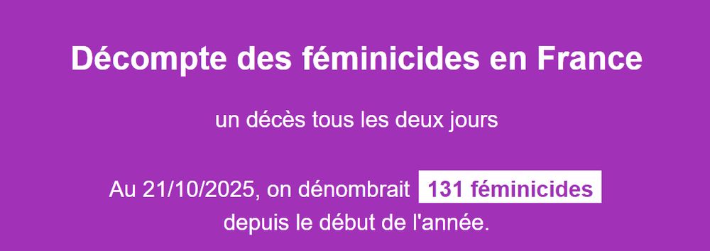 Décompte des féminicides en France
un décès tous les deux jours

Au 21/10/2025, on dénombrait 131 féminicides depuis le début de l'année.