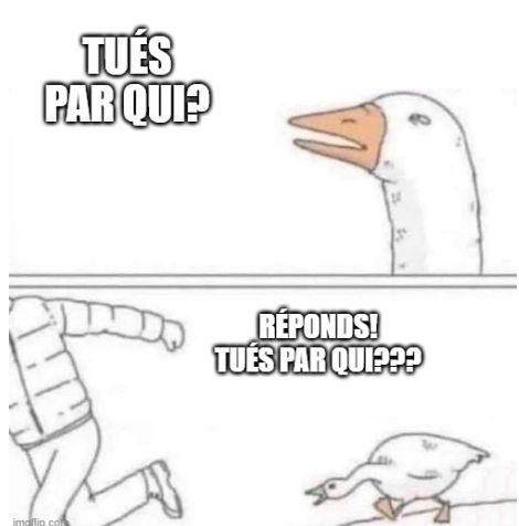 même de l'oie qui pourchasse un gars
"tués paar  qui?"
"réponds! tués par qui?"
