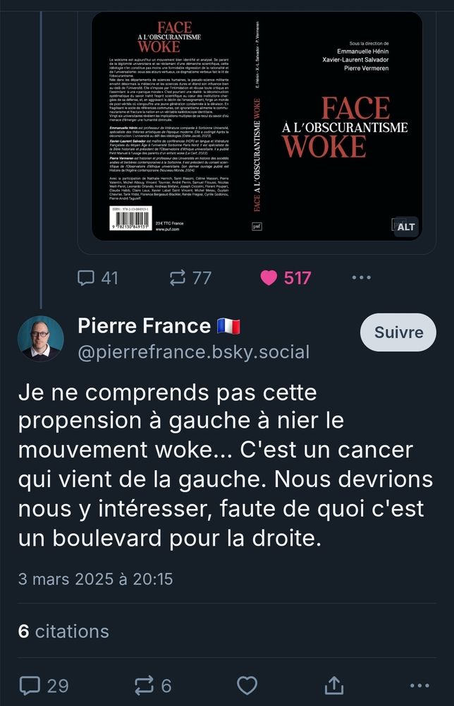 Skeet de Pierre France
Je ne comprends pas cette propension à gauche à nier le mouvement woke... C'est un cancer qui vient de la gauche. Nous devrions nous y intéresser, faute de quoi c'est un boulevard pour la droite.