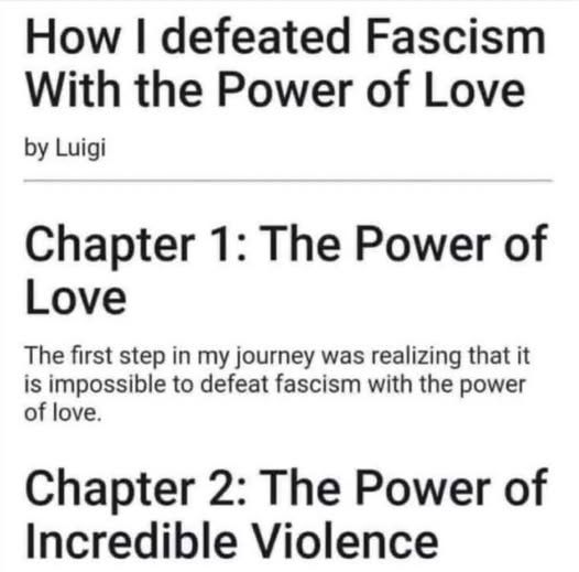 (I'm sorry I don't remember where I found this one)


How I defeated Fascism With the Power of Love
by Luigi
Chapter 1: The Power of Love
The first step in my journey was realizing that it is impossible to defeat fascism with the power of love.
Chapter 2: The Power of Incredible Violence