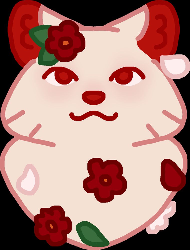A white cat with red eyes and ears covered in red and white flowers