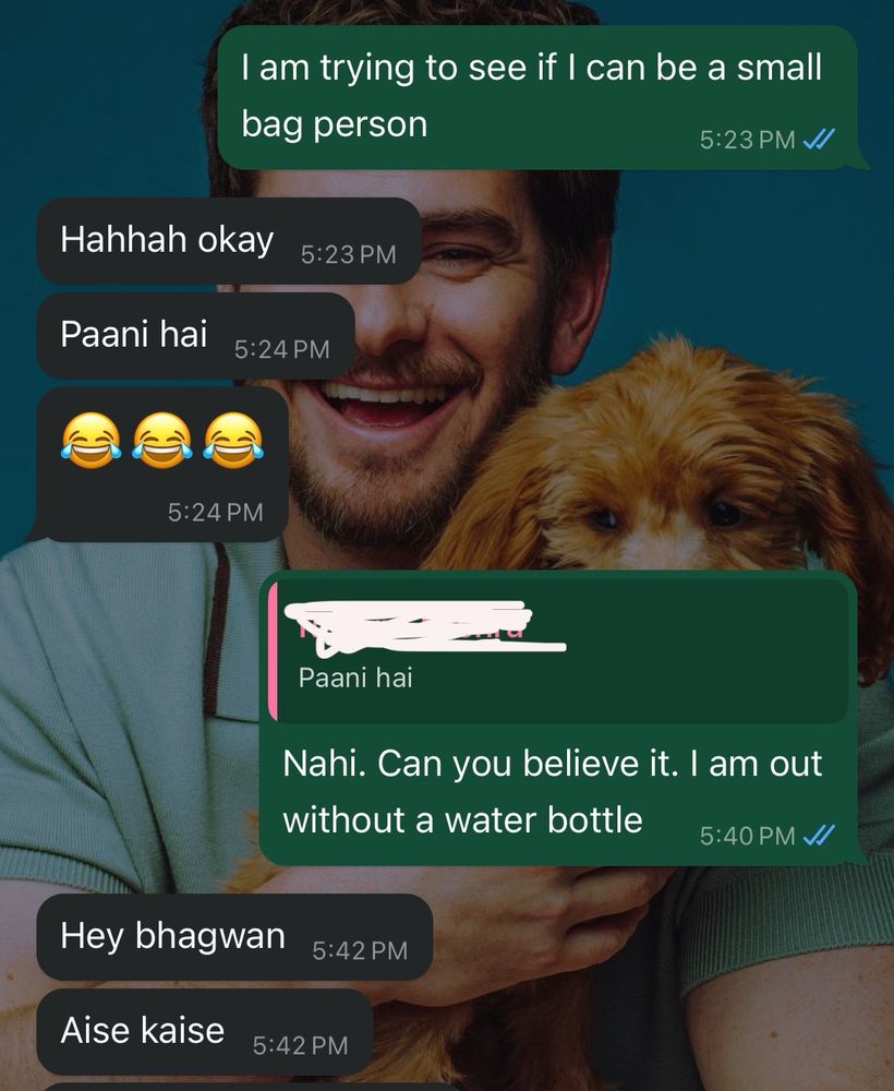 A text conversation where one person says they don’t have a water bottle and the other person is shocked