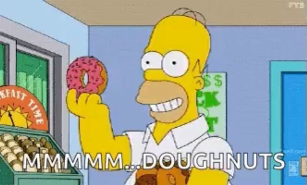 a cartoon of homer simpson holding a doughnut and saying " mmmm doughnuts "