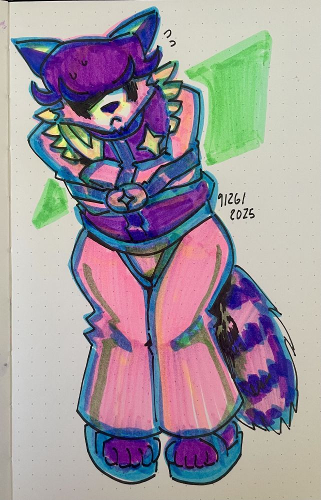 A genderfluid raccoon character, hunched over awkwardly as they're stuck wearing a mimic-themed straitjacket