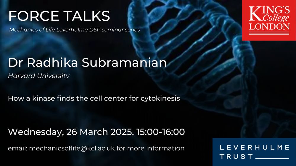 Background of DNA strand with logos of King's College London and the Leverhulme Trust and text Force Talks Mechanics of Life Leverhulme DSP seminar series Dr Radhika Subramanian Harvard University How a kinase finds the cell center for cytokinesis Wednesday, 26 March 2025, 15:00-16:00 email:mechanicsoflife@kcl.ac.uk for more information