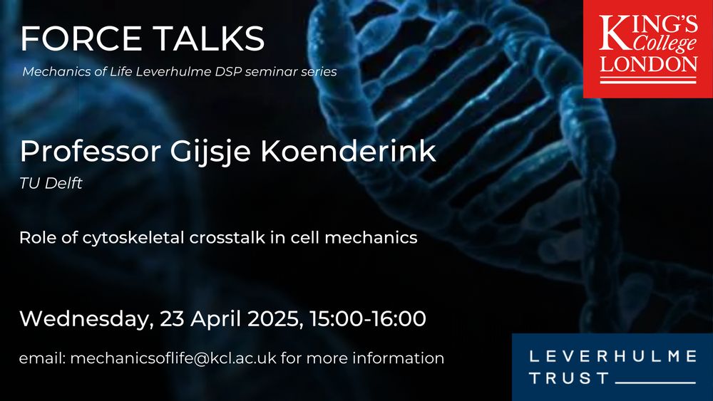 Background of DNA strand with logos of King's College London and the Leverhulme Trust and text Force Talks Mechanics of Life Leverhulme DSP seminar series Professor Gijsje Koenderink TU Delft Role of cytoskeletal crosstalk in cell mechanics Wednesday, 23 April 2025, 15:00-16:00 email:mechanicsoflife@kcl.ac.uk for more information
