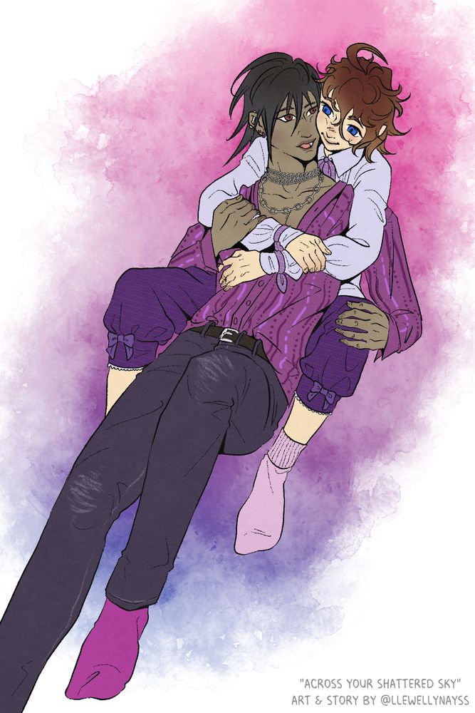 Two young men cuddling in purple and pink tones with the bi pride flag in watercolor behind them.