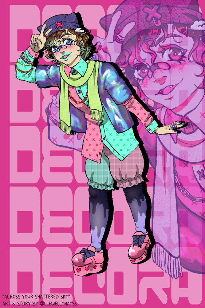 A young man is covered in pastel accessories and mismatched clothing to reflect a fashion genre called "decora".
