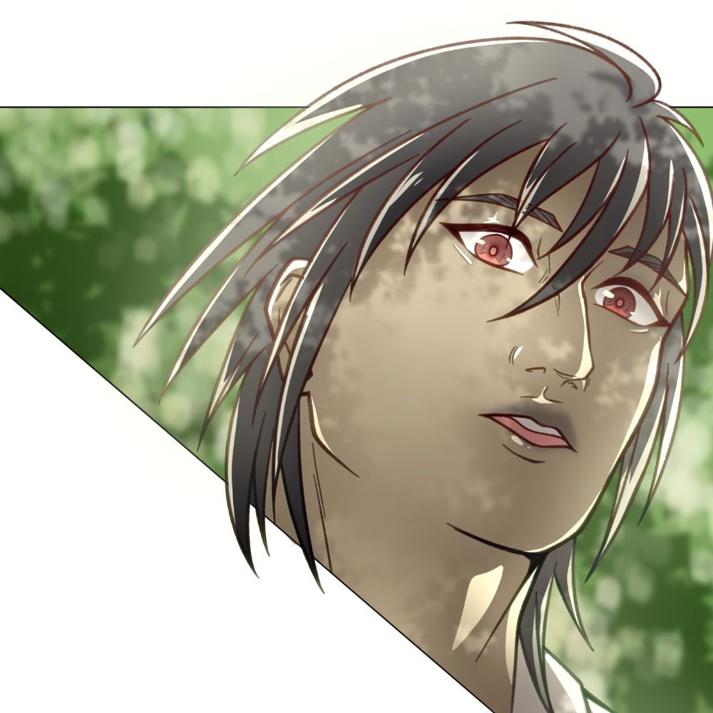 A young man gazing down starstruck in dappled tree light.