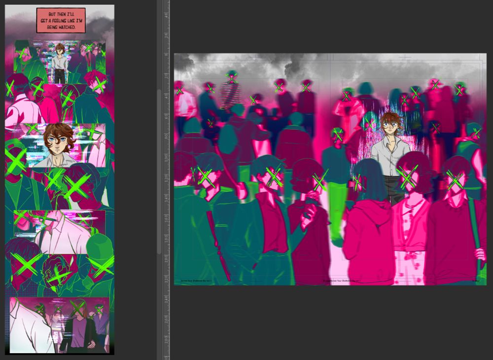 Two comparisons of a crowd shot in neon colors