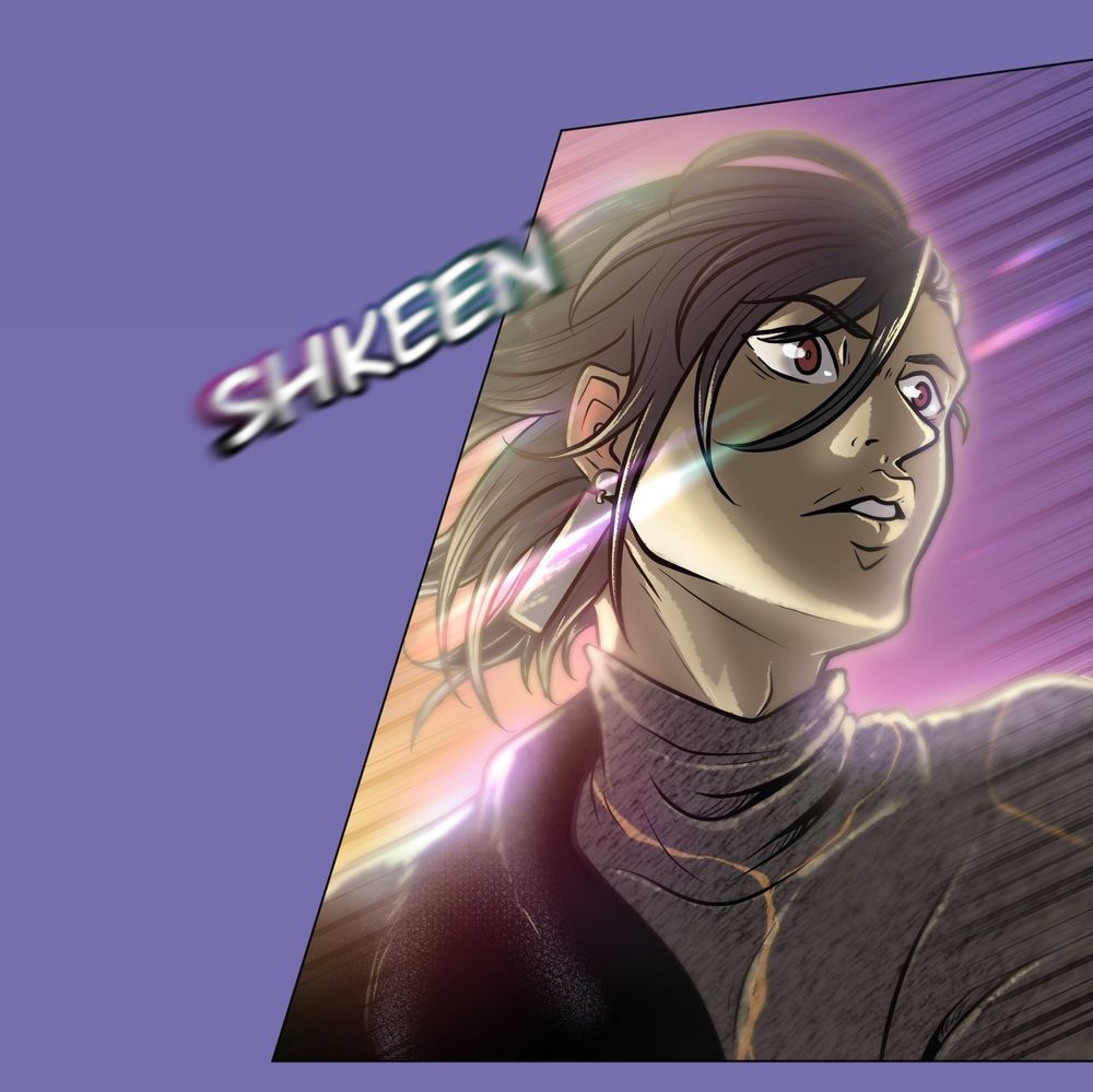 A young man turns his head quickly, the colorful sunset reflecting on his earring and jacket.