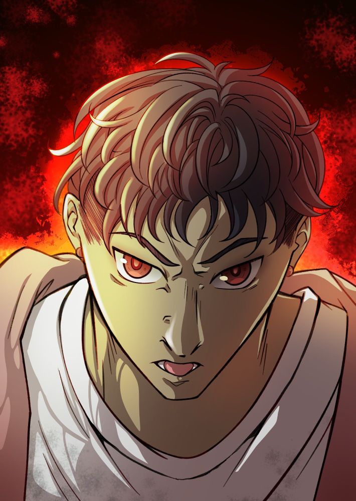 A young man gazes up in hatred, firey rage manifesting behind him.