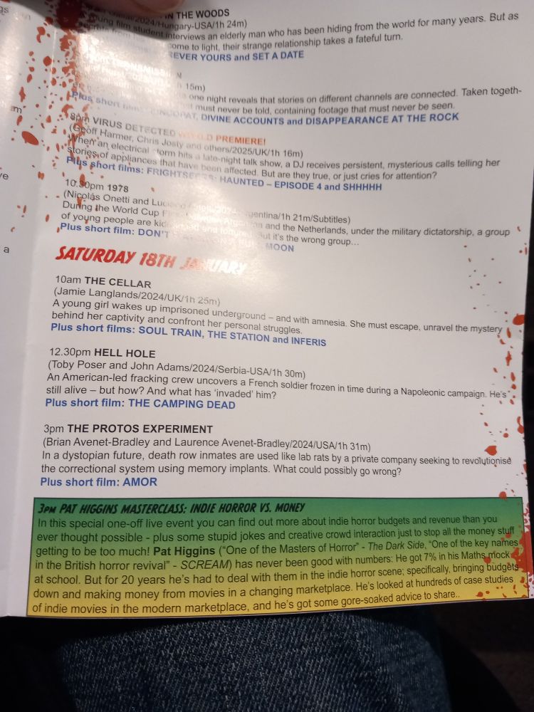 Listings for Saturday 18th January, including Pat Higgins' Masterclass: Indie Horror vs Money