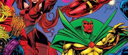 Clip of Scarlet Witch's 90's-era breasts and the Vision with what are apparently very large 90's man-boobs.