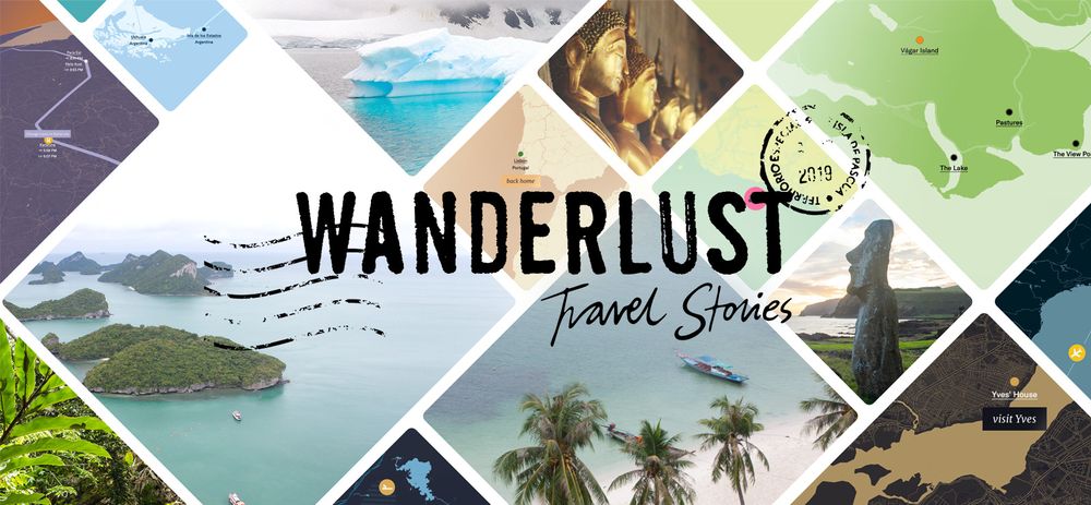 Wanderlust: Travel Stories is written in black letters with postal rubber stamp marks on both sides.