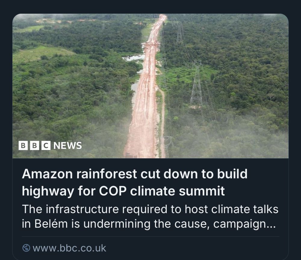 BBC NEWS
Amazon rainforest cut down to build highway for COP climate summit
The infrastructure required to host climate talks in Belém is undermining the cause, campaign...
• www.bbc.co.uk