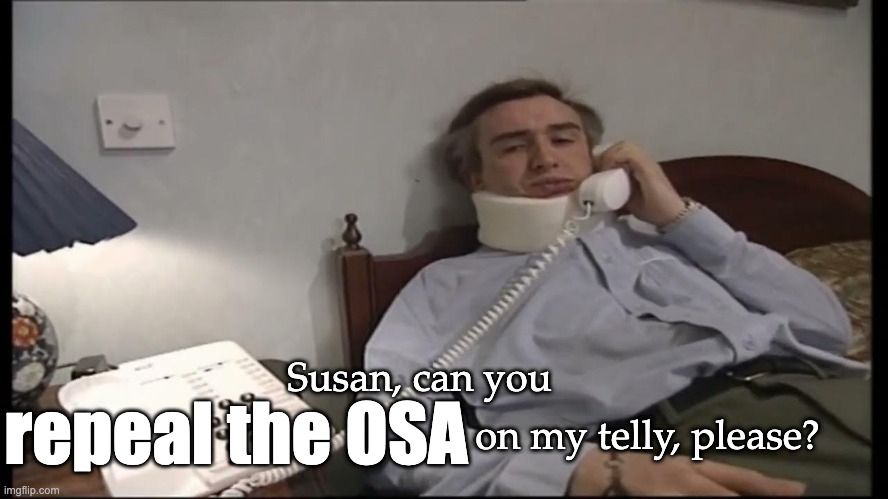 Alan partridge lies on a bed with a neck collar on, he's on the phone asking "Susan, can you repeal the OSA on my telly please?"