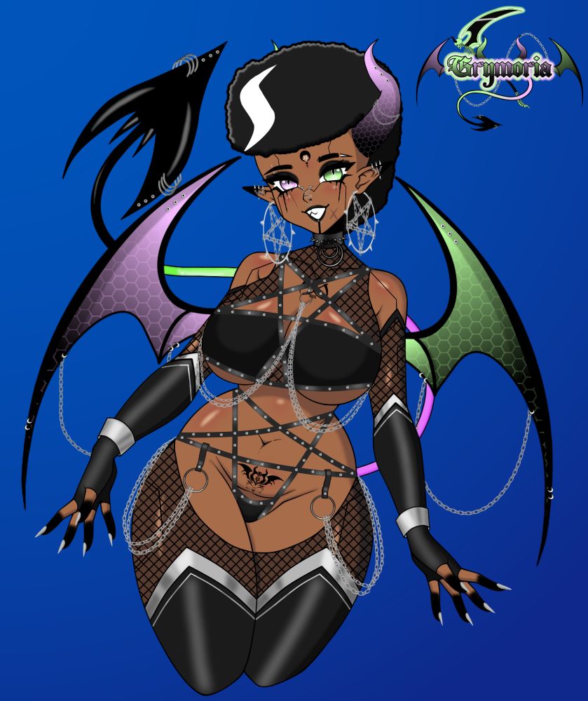 An illustration of a black femme presenting succubus wearing a gothic black bikini with straps that are shaped to be like inverted pentacles. The straps also have silver rivets and there are chains connected to them. They are also wearing elbow-high black fingerless gloves and thigh-high leggings with silver detailing as well as sheer fishnet sleeves. They're wearing dark makeup and is wearing silver facial piercings including pentagram hoop earrings. They also have silver piercings and chains on their demon tail, wings, and horns.
