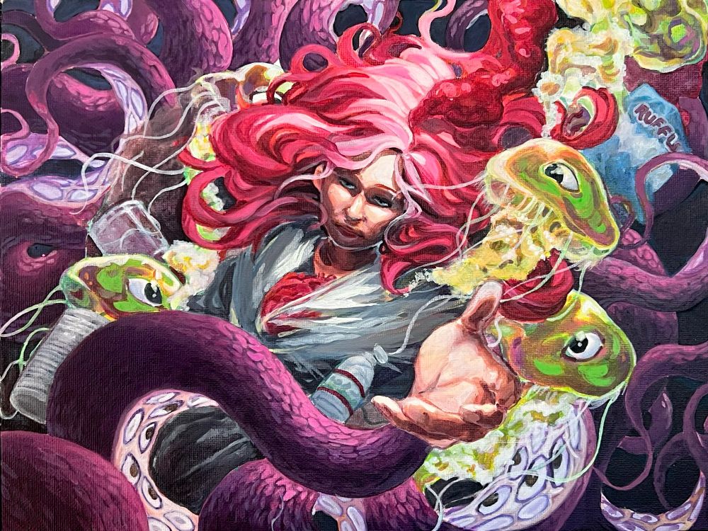 acrylic on 9x12” canvas board. woman floating in the ocean surrounded by tentacles, surreal jellyfish, and garbage.