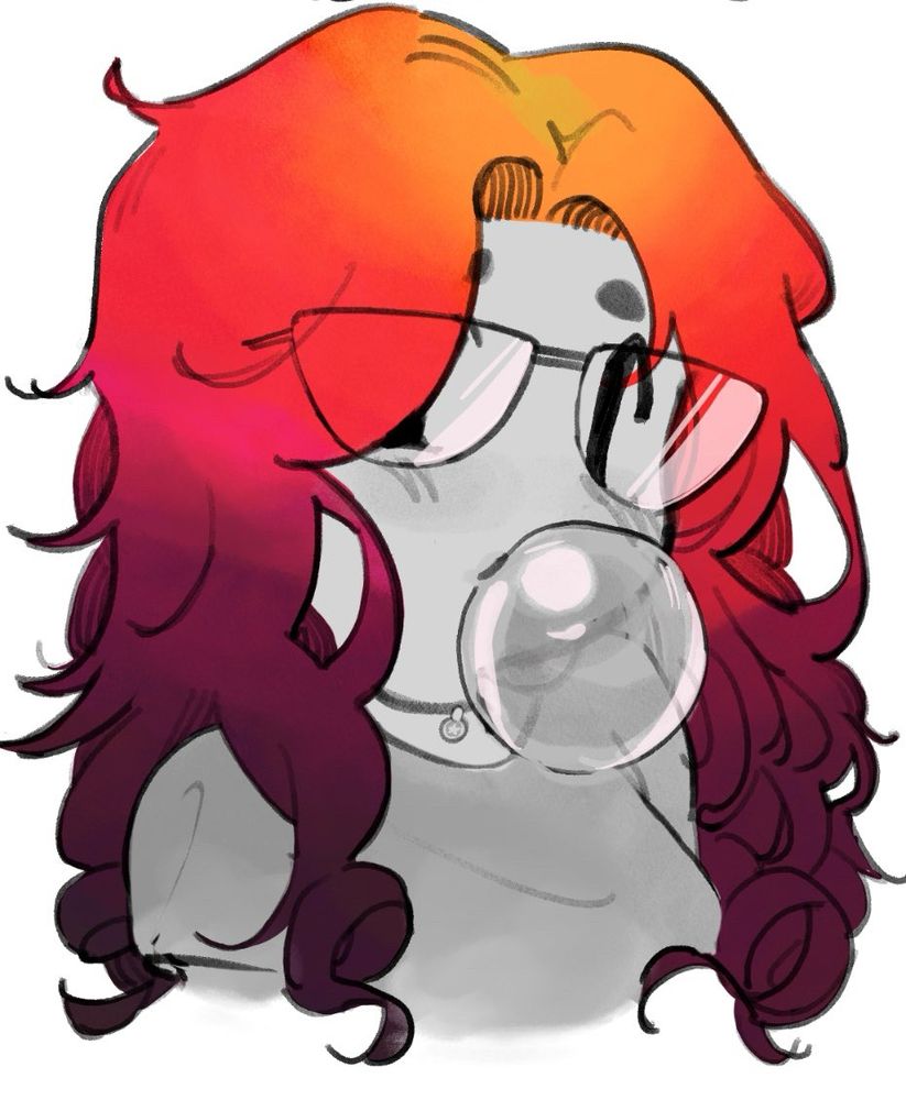 stylized portrait sketch of a girl with ombre dyed hair, yellow to purple, wearing glasses and blowing a gum bubble
