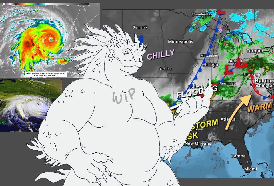 a blank template of a fat marine iguala scalie, standing in front of a weather inspired mood board