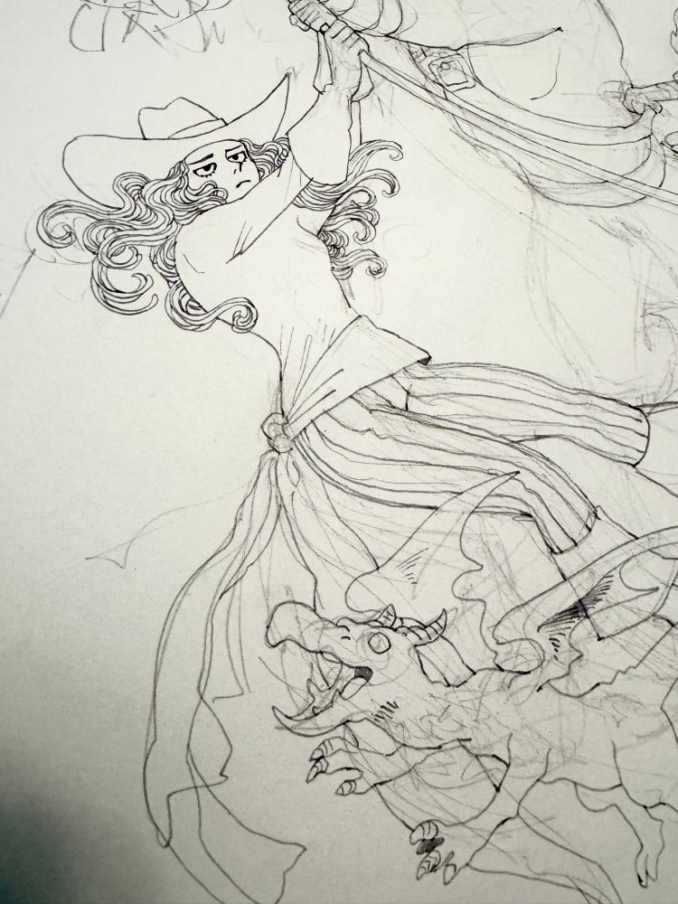 A drawing of Kate Pryde swinging on a rope, Lockheed the dragon flying below her. 