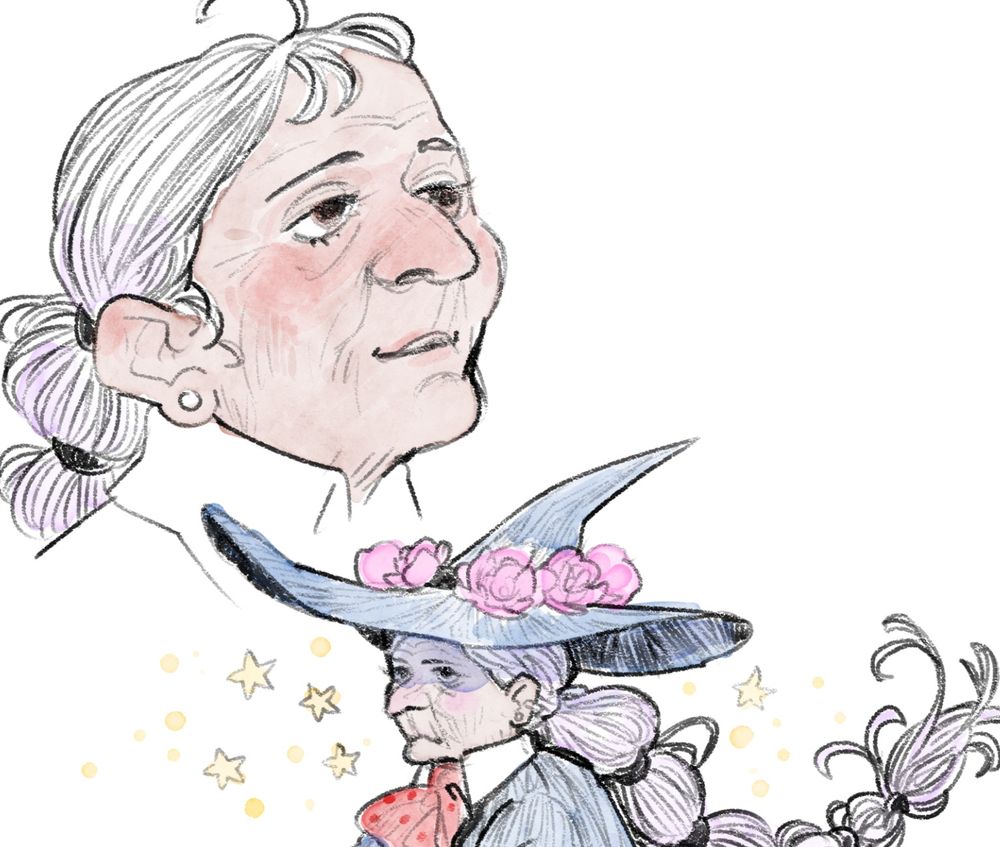 A pair of drawings of an old witch. She has long hair, tied back into a long, upward-curving, messy braid. In one drawing she has a wide-brimmed hat, a grey-blue, with purple-ish flowers atop the brim, and a red pokla-dot kerchief.
