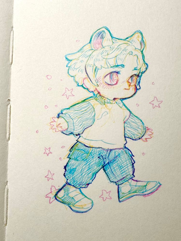 A tiny ballpoint drawing of a pale kid with white hair and mouse ears, a little sweater, some cargo pants, and tennis shoes. 