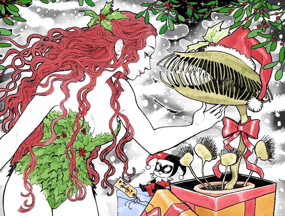 Poison Ivy, the Batman villainess, lovingly strokes the chin of a giant Venus flytrap among a collection of holiday gifts, including a tiny doll of Harley Quinn.