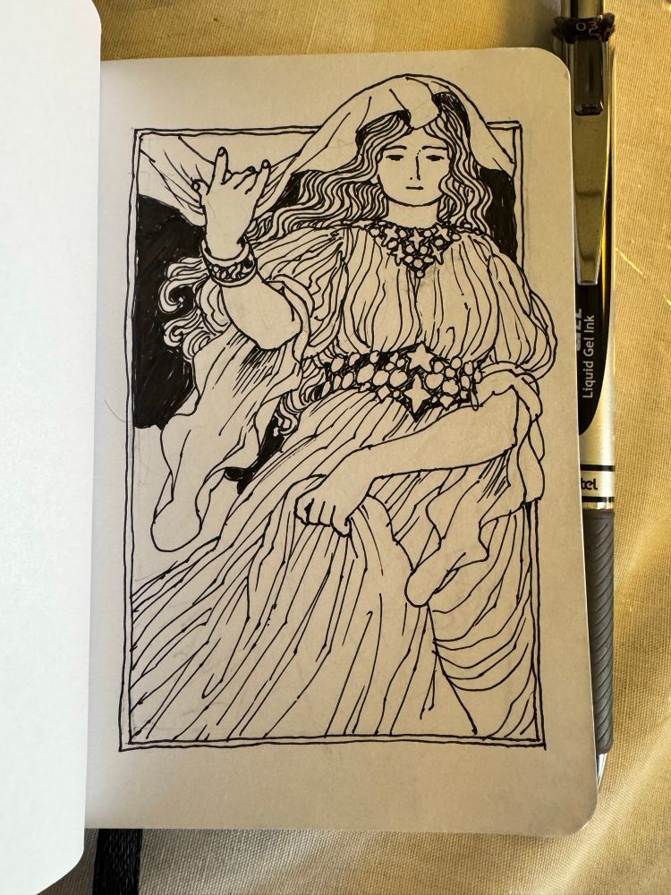A black and white ink drawing of a woman in a long gown pulling down a veil over her head. The drawing is, height-wise, shorter than the length of the pen used to ink it. 