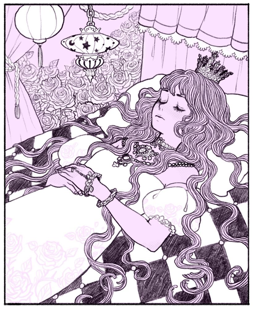 Illustration of a sleeping princess, mostly in black and white with pale pink accents. A girl in a white dress with embroidered roses lies on a check-patterned bed, her long hair cascading down her pillow and across the sheets. She is crowned, bedecked with jewelry account her neck and on her hands. A bed of roses can be seen behind the curtains of her baldachin, and there are ornate lanterns above her. 